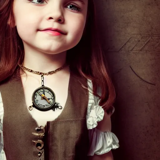 Image similar to steampunk little girl wears a clock necklace