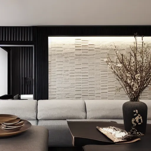 Image similar to lounge and dining room, stone, interior design, stylish luxury hotel living room design, yakisugi, black vertical slatted timber, textures, feminine, black walls, art, Japanese pottery vase with flowers, kakejiku, seasonal, Japanese influences