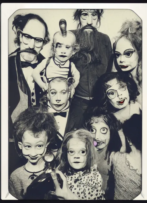 Prompt: a polaroid photograph of a family of circus freaks, by robert crumb, by jim henson, cinematic lighting, soft lighting, surreal, pulp, photorealism