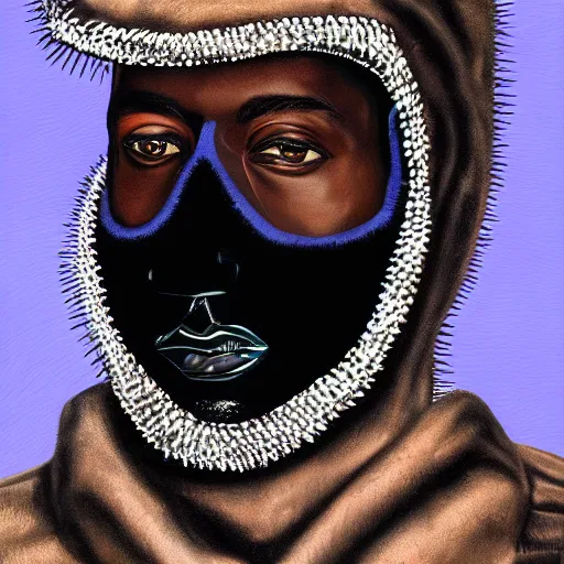 Prompt: Surrealist picasso portrait painting of Kanye WEst wearing his Donda Listening Party black spiky balenciaga jacket and black mask, acrylic painting, surreal