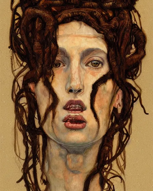 Prompt: portrait of medusa by greg rutkowski in the style of egon schiele