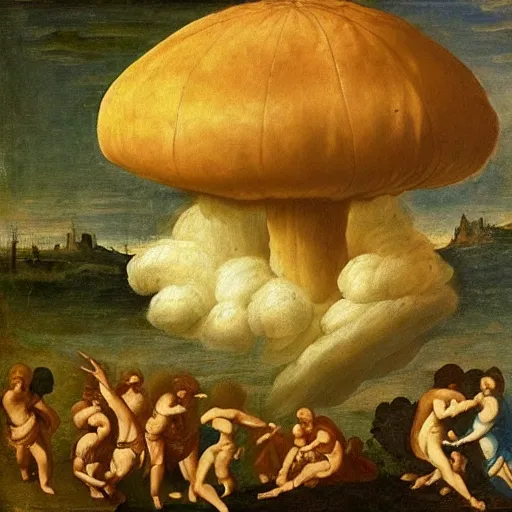 Image similar to renaissance painting of atom bomb mushroom cloud