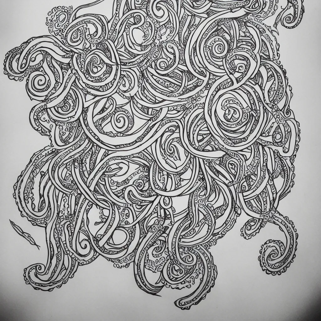 Image similar to tattoo design. line drawing. symmetric octopus. intricate