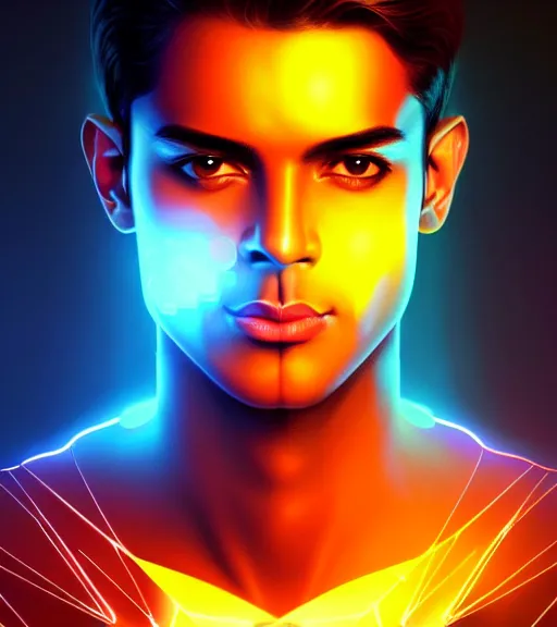 Image similar to symmetry!! indian prince of technology, solid cube of light, hard edges, product render retro - futuristic poster scifi, lasers and neon circuits, brown skin handsome indian prince, intricate, elegant, highly detailed, digital painting, artstation, concept art, smooth, sharp focus, illustration, dreamlike, art by artgerm