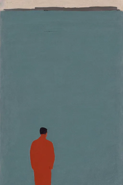 Image similar to man standing by a river, 1960’s minimalist advertising illustration, painterly, expressive brush strokes