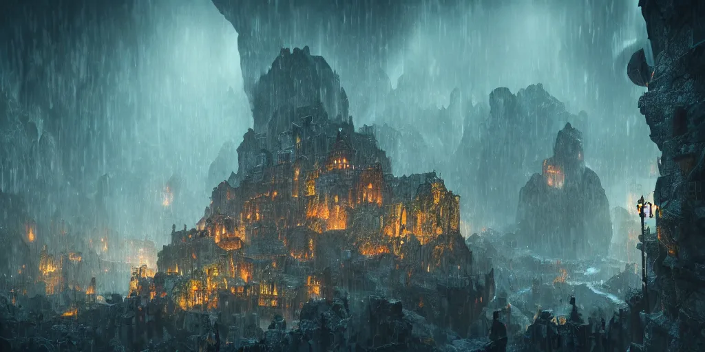 Image similar to A shining dwarven city in a dark cavern, rainy, dark and gloomy atmosphere, fantasy digital art, octane render, beautiful composition, trending on artstation, award-winning photograph, masterpiece