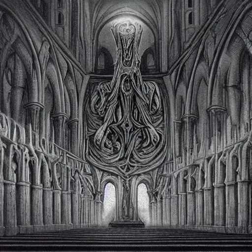 Image similar to monstrous and twisted cathedral with an altar that has a statue to many eyed and four armed cthulhu. in the style of hr giger and zdzisław beksinski escher gloom misty glow