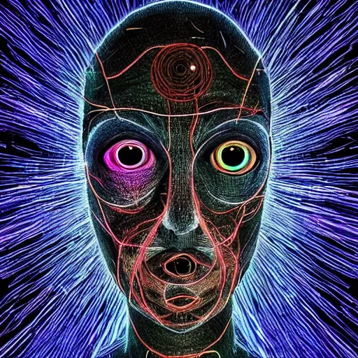 Image similar to three three eyed humanoids, third eye middle of forehead, wide wide shot, very hairy bodies, vivid colors, thin wires, beautiful lighting