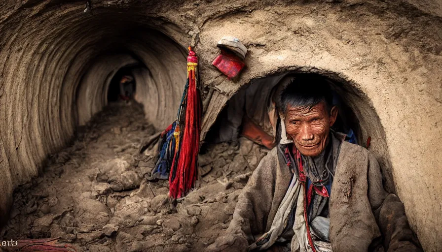Prompt: a tibetan man in a dirty barque in a tiny tunnel, leica sl 2 technicolor, heavy grain, high quality, high detail, mud