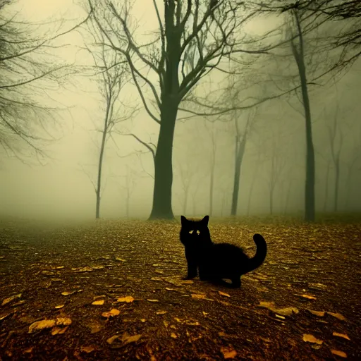 Prompt: a cat walks alone through the woods at night, gloomy, dark, foggy, night, ominous, dark color, atmospheric, cinematic lighting, intricate detail?