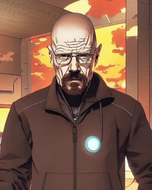 Image similar to portrait of walter white as a robot, cybernetic enhancements, art by makoto shinkai and alan bean, yukito kishiro