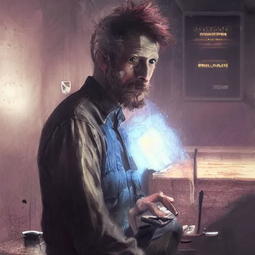 Image similar to henry dorsett case, middleaged shaggy gay, smoker, hacker, cyberpunk, painted by seb mckinnon, high detail, dramatic light, digital art, painted by greg rutkowski, promotional movie posterart, trending on artstation