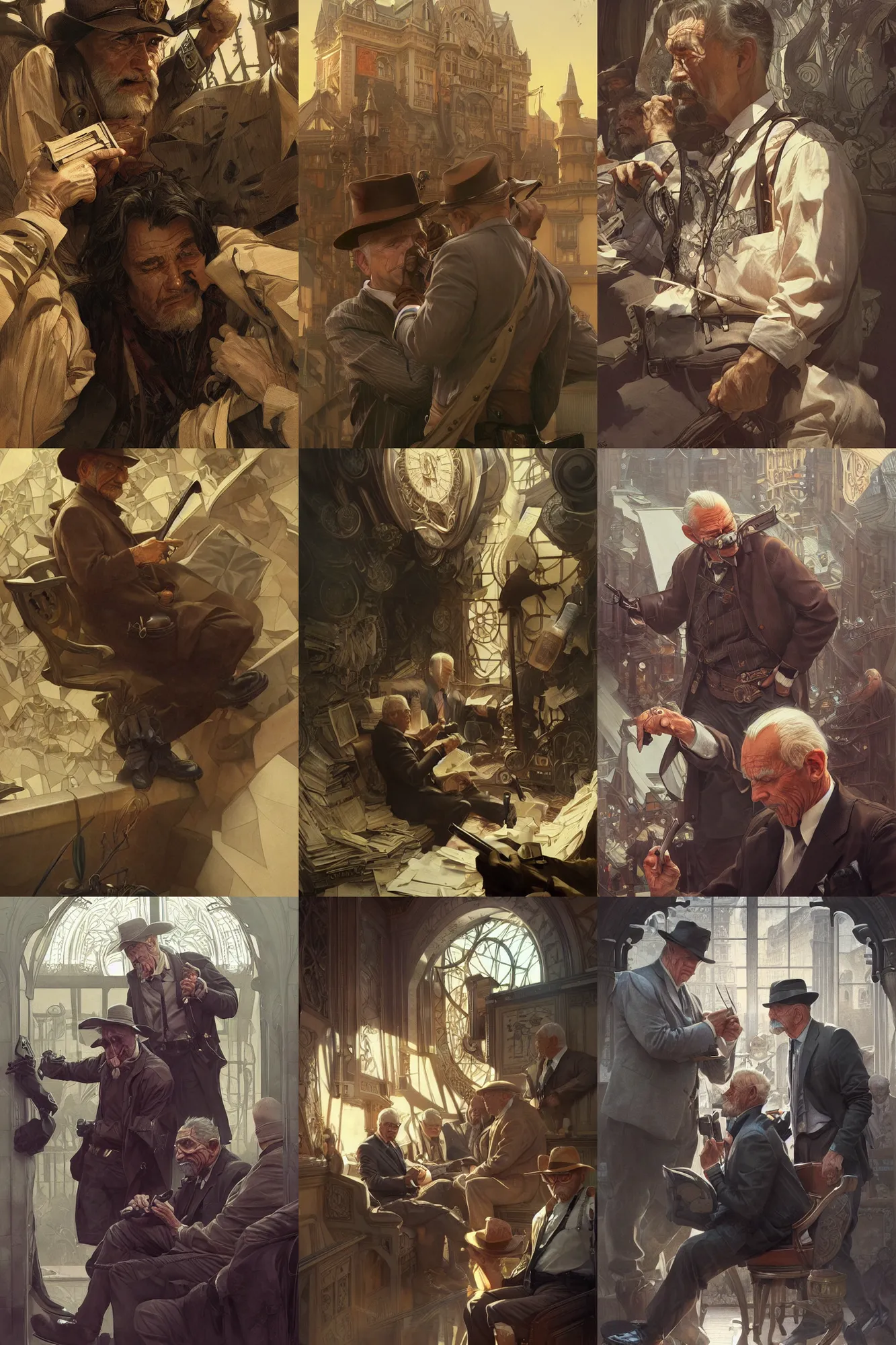 Prompt: Ultra realistic illustration, old men bank robbers, fantasy, intricate, elegant, highly detailed, digital painting, artstation, concept art, smooth, sharp focus, illustration, art by artgerm and greg rutkowski and alphonse mucha