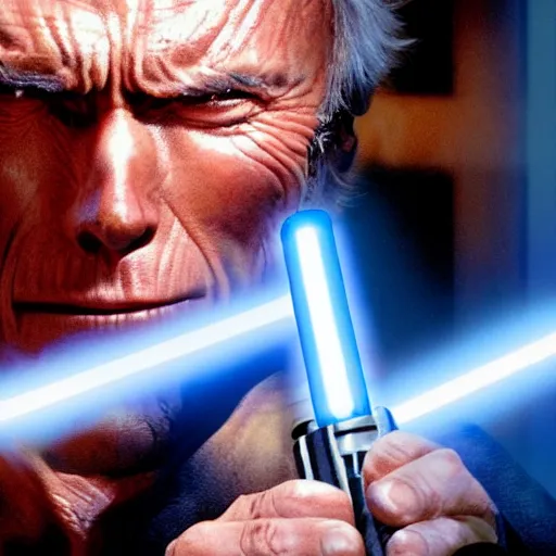 Image similar to clint eastwood holding blue lightsaber in star wars episode 3, 8k resolution, full HD, cinematic lighting, award winning, anatomically correct