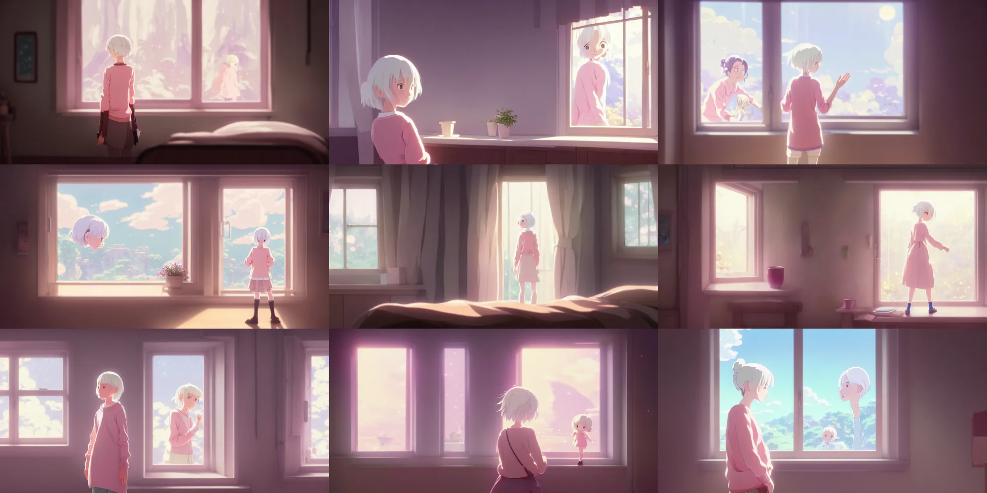Prompt: a wholesome animation key shot of a white hair girl, dressed in an light pink sweater, looking outside, through the window of her bedroom, medium shot, waist up, studio ghibli, pixar and disney animation, sharp, rendered in unreal engine 5, anime key art by greg rutkowski, bloom, dramatic lighting