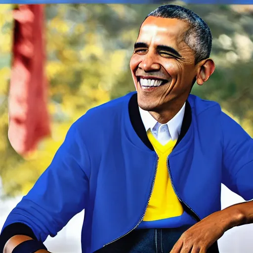 Image similar to realistic photo of casual barack obama wearing a royal blue varsity jacket with yellow sleeves