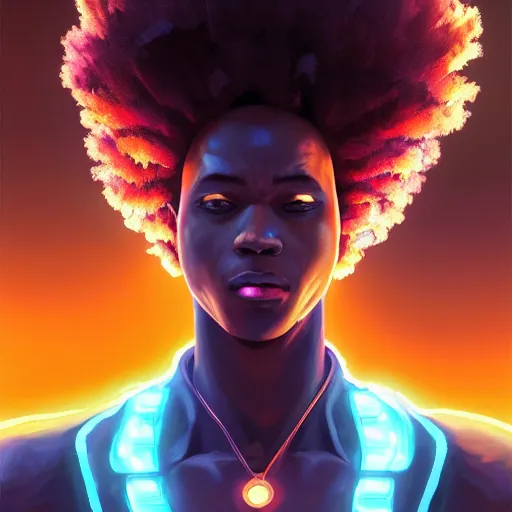 Image similar to bald afro - cyberpunk man manifesting dreams with ancestral magic in a modern world | hyperrealistic oil painting | by makoto shinkai, ilya kuvshinov, lois van baarle, rossdraws, basquiat | afrofuturism, in the style of surrealism, trending on artstation | dark color scheme