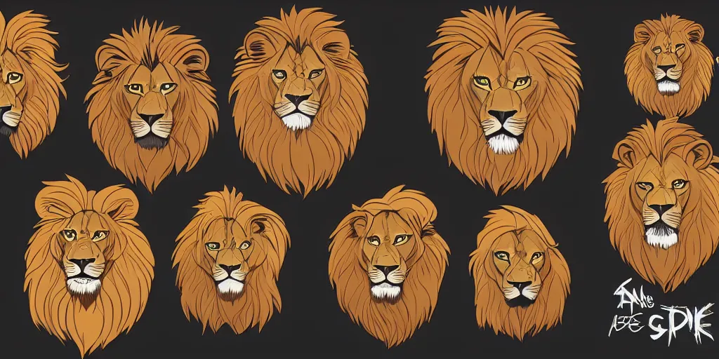 Prompt: game asset of unique lion heads on black background, organic, animated hanna barbera color palette, animated hanna barbera black inking, cel shading, 5 colors, no gradients, flat 2 d design, 2 d sprites, 8 k, close up