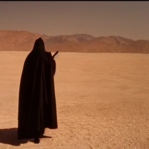 Image similar to a man wearing a long cloak and gasmask, in the desert, film still, arriflex 35