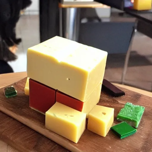 Image similar to a rubiks's cube made of gruyere, on a chees board