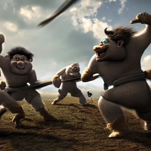 Image similar to action scene of trolls fighting against knights, still from a movie by stanley kubrik, cinematic, hyperreal, intense, highly textured, wide angle, insanely detailed, god rays, 3 5 mm, shallow depth of field