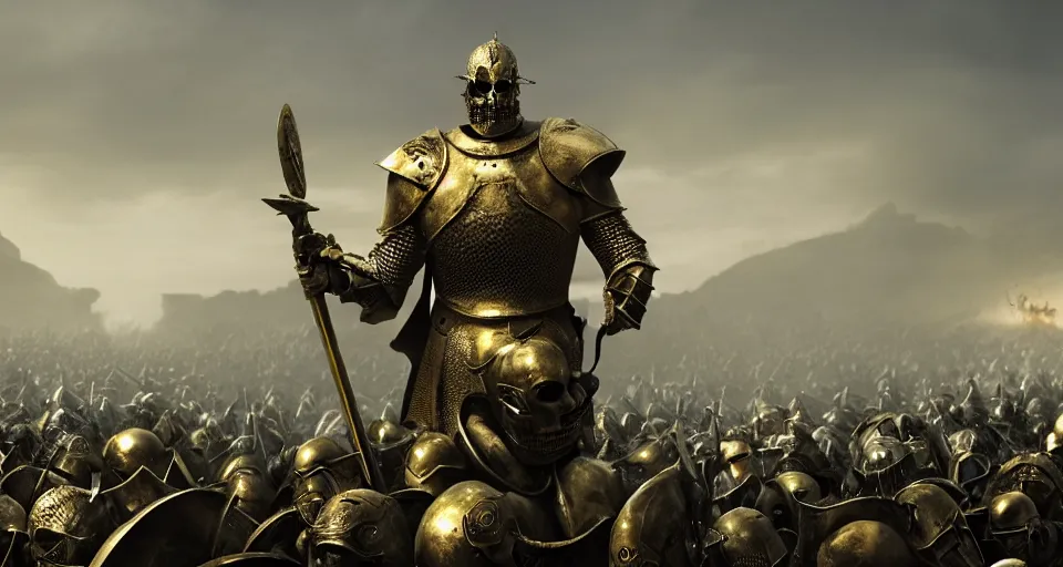 Prompt: render of A skull faced knight with a skull mask, wearing a golden set of armor standing in the middle of a battlefield with a sea of knights fighting, hyper realistic, unreal, craig mullins, alex boyd, lord of the rings, game of thrones, dark souls, artstation, cinematic action shot, warhammer