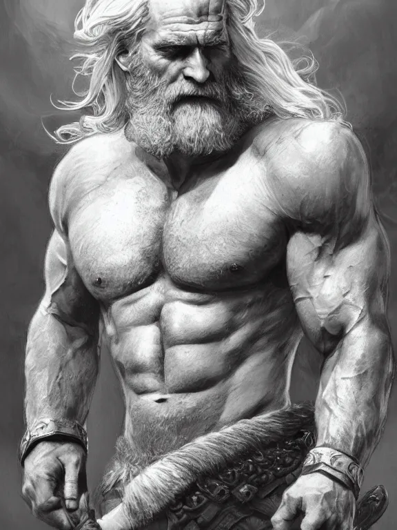 Image similar to painted portrait of rugged odin, god of war, nordic god, white hair, masculine, mature, handsome, upper body, grey and silver, muscular, hairy torso, fantasy, intricate, muscular, elegant, highly detailed, digital painting, artstation, concept art, smooth, sharp focus, illustration, art by gaston bussiere and alphonse mucha