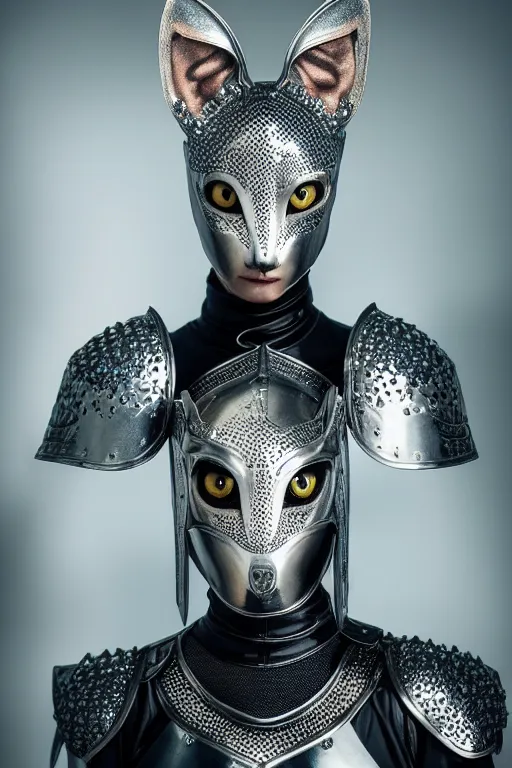 Image similar to female knight wearing a real cat on her head, armor designed by wayne barlowe, swarovski and tiffany, blonde hair, symmetry, sci - fi, cinematic, elegant, luxury, perfect light, perfect composition, dlsr photography, sharp focus, dark fantasy, 4 k, ultra hd, sense of awe, highly detailed, realistic, intricate