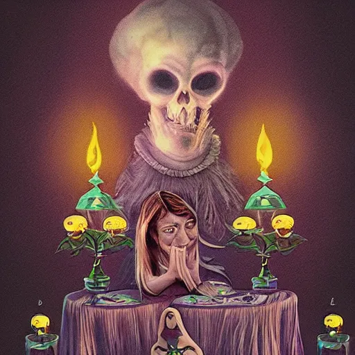 Image similar to A seance, Extremely Highly detailed, Occult, funny, humorous, humor, hilarious, funny, entertaining, magical, trending on artstationHQ