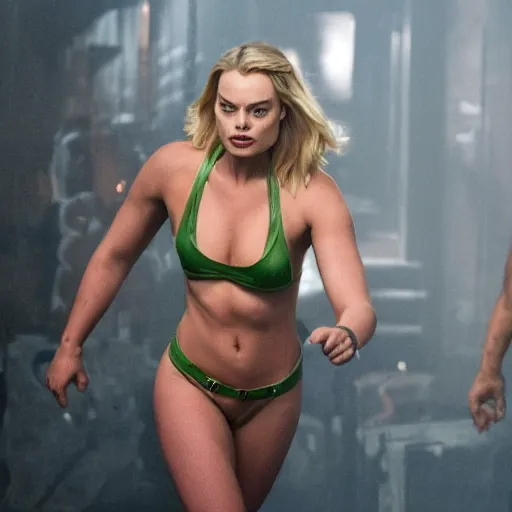 Image similar to Margot Robbie as real-life Hulk, cinematic, Wide-shot, atmospheric lighting, directed by Quentin Tarantino, extreme detail, 8K, movie still