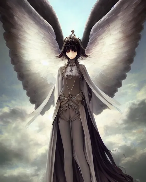 Image similar to range murata, an infinitely detailed portrait of a frail and pale female peace angel elegantly. fully - clothed full - body, beautiful! scenery art!! coherent! by wlop & murata range, victorian armor trim, cold color palette, artstation / pixiv!! elegantly armored angel portrait full - body, dreamy art