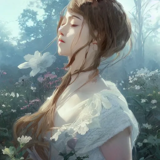 Image similar to awoke to sweet smell of spring, by wlop, artgerm, greg rutkowski