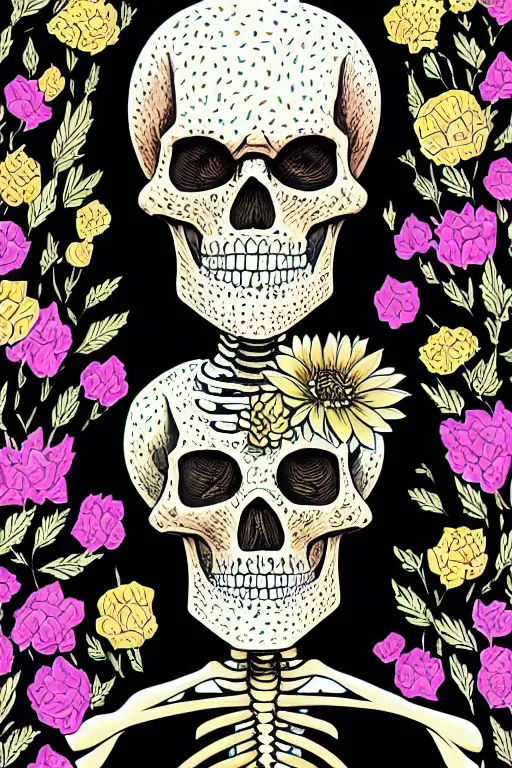 Image similar to portrait of a skeleton in a black suit and tie with flower shirt, vivid flower background by Jen Bartel and Dan Mumford and Satoshi Kon, gouache illustration