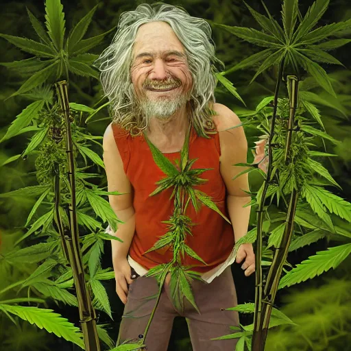 Image similar to intoxicated lazy older hippie wearing twigs and leaves and antlers smiling sheepishly in a field of cannabis plants, highly detailed, dramatic lighting, night time, cinematic, sci - fi, hyperrealistic, detailed