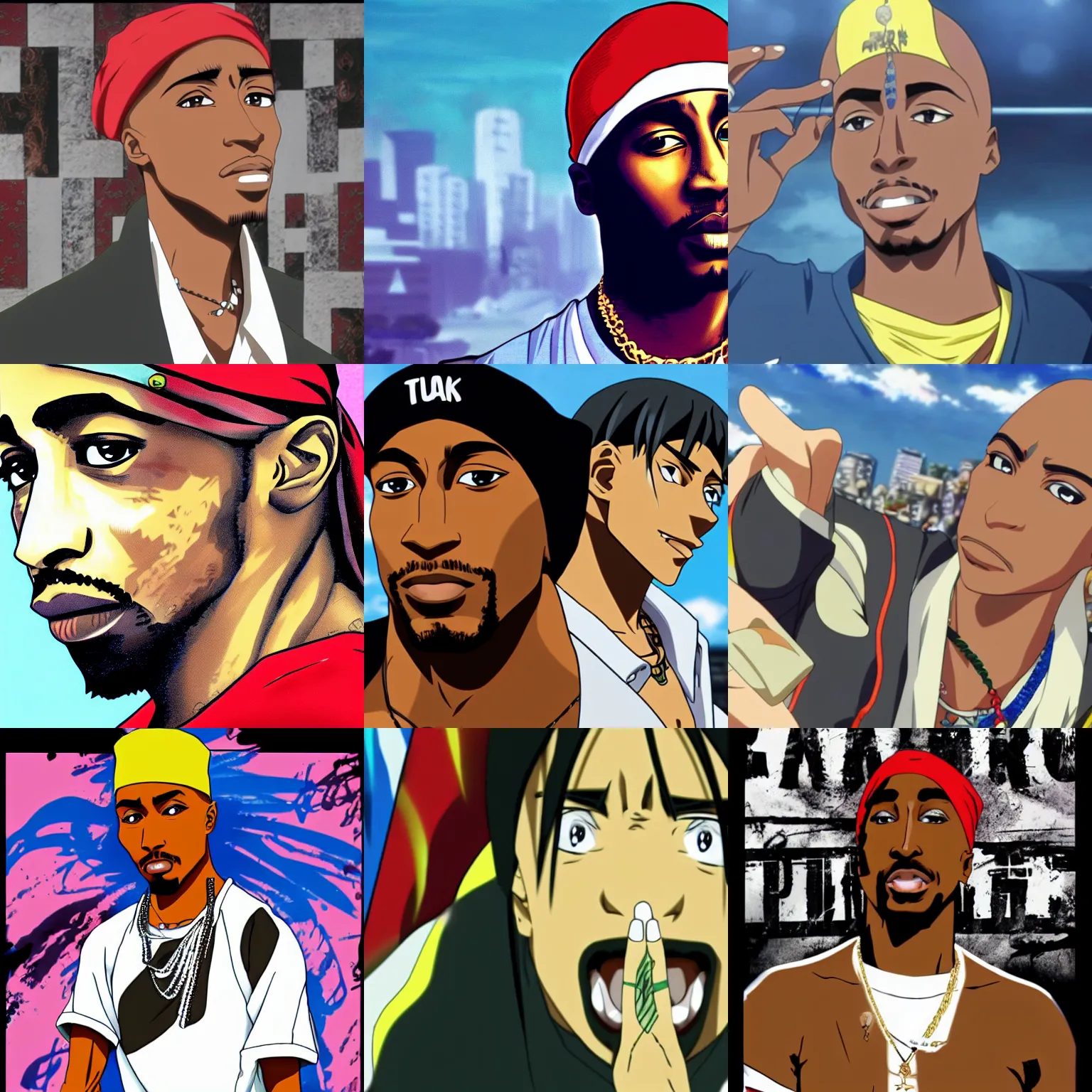 Image similar to Tupac Shakur, screenshot from a 2012s anime