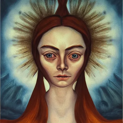 Prompt: professional painting of Elle Fanning in the style of Remedios Varo, head and shoulders portrait, symmetrical facial features, smooth, sharp focus, illustration, intricate, stormy weather, extremely detailed masterpiece,