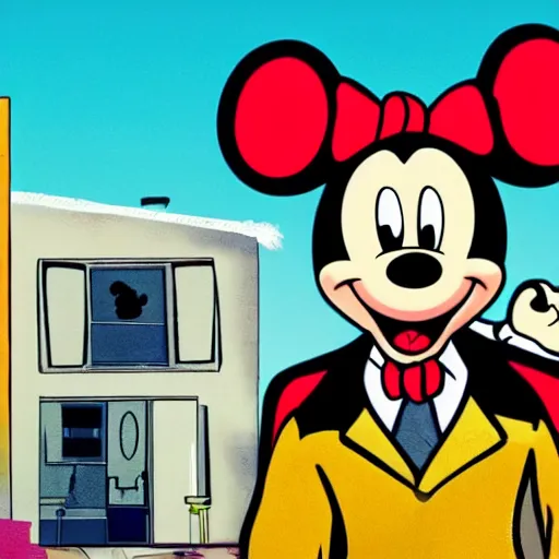 Prompt: highly detailed shot of better call saul cross over with mickey mouse house season finale with walter white appearing in the background