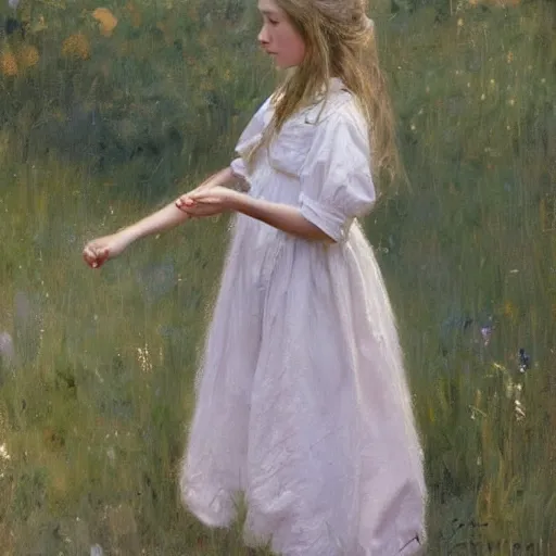 Image similar to girl in summer dress, brushing her long hair, jeremy lipking, joseph todorovitch