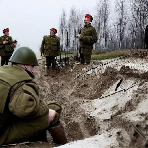 Prompt: Putin is sitting in the trenches and defending himself from Ukrainian troops, Constructivism