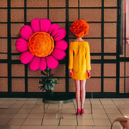 Image similar to giant flower head, frontal, girl standing in mid century hotel, surreal, symmetry, bright colors, cinematic, wes anderson