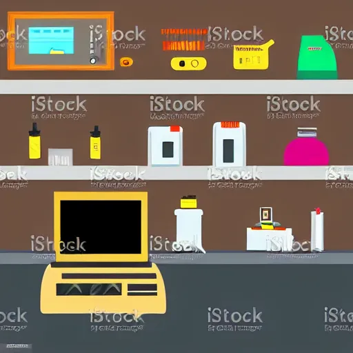 Prompt: cash register in front of a wall of electrical supplies and pluming supplies and food vector art