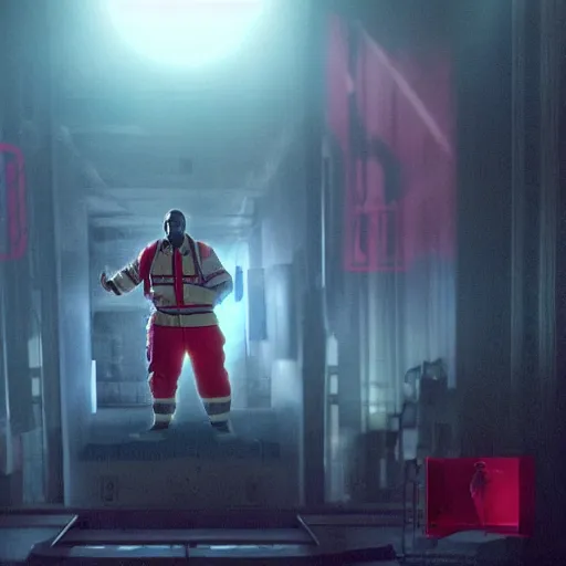 Image similar to kanye west as a ghostbuster in ghostbusters, splash art, movie still, cinematic lighting, dramatic, octane render, long lens, shallow depth of field, bokeh, anamorphic lens flare, 8 k, hyper detailed, 3 5 mm film grain