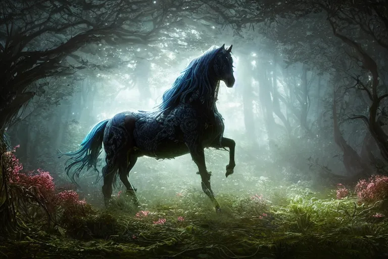 Image similar to a stunning horse with a thick mane of bioluminescent vines and flowers running through the woods by greg rutkowski, high key lighting, volumetric light, digital art, highly detailed, fine detail, intricate, ornate, complex, octane render, unreal engine, photorealistic