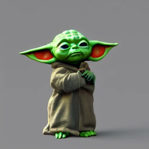 Image similar to baby yoda by bill watterson. 3 d render.