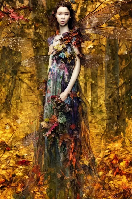 Prompt: masterwork full body portrait of astrid berges frisbey as a fairy. digital photography. wearing a dress made out of nebulae. resting on a background of autumn leaves. fluid, dreamy, ethereal, vivid colours. sharp focus. highly detailed face. wow! cinematic lighting.