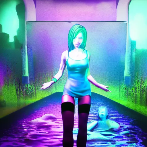 Image similar to Jill Valentine with pistol swimming in chromatic SPIRITS in misty mysterious astral temple, beautiful, dmt, trending on artstation, omnious, soft, REALISTIC