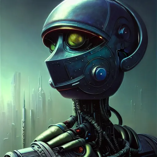 Image similar to low angle shot of a cyberpunk gazmask robot character, intricate, elegant, highly detailed, centered, digital painting, artstation, concept art, front shot, smooth, sharp focus, illustration, artgerm, Tomasz Alen Kopera, Peter Mohrbacher, donato giancola, Joseph Christian Leyendecker, WLOP, Boris Vallejo