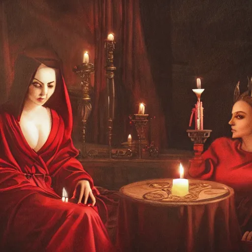 Image similar to the goddess of blood in silk robes of blood, cultists watching, red hoods, candle lights, renaissance, baroque, gothic, high detail, dark lighting, atmospheric, extremely detailed, intricate, smooth, 8 k