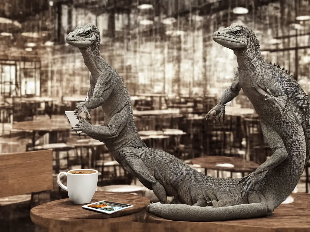 Image similar to photorealistic image of a humanoid komodo dragon sitting all alone in a cafe, drinking coffee while checking his messages on his ipad, ultra realisticepic digital art