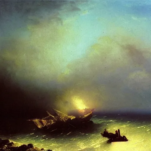 Prompt: post apocalyptic oil rig by aivazovsky, oil on canvas, highly detailed, masterpiece painting